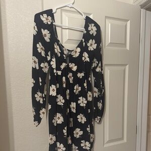 Black Floral Long Sleeve Women’s Dress - White Blossom Print